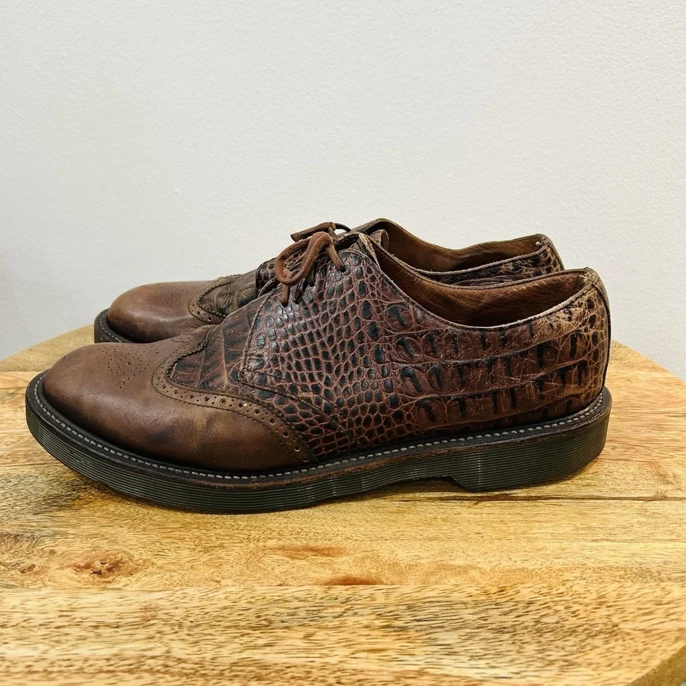 Vintage Dr Martens Brown Leather Oxford Shoes Embossed Crocodile Mens 12 England